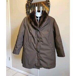 Vintage Eddie Bauer Goose Down Puffer Jacket Black Label Faux Fur Womens L XL